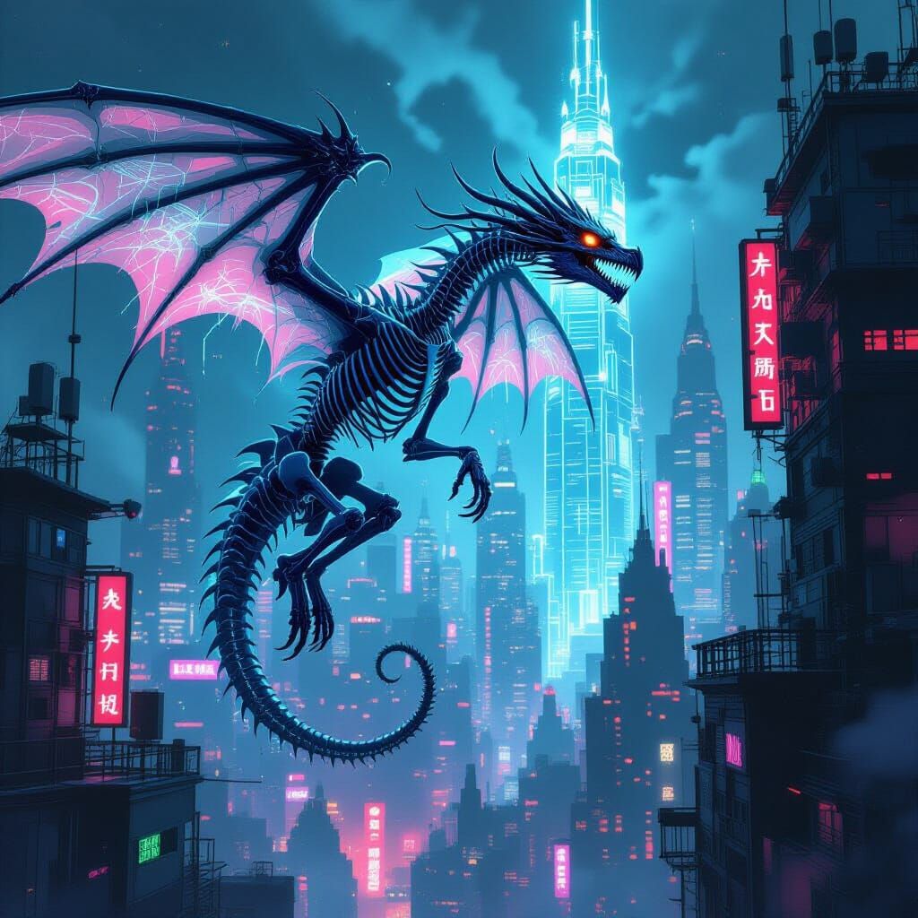 Bioluminescent Dragon Soars Above Neon Cyberpunk City