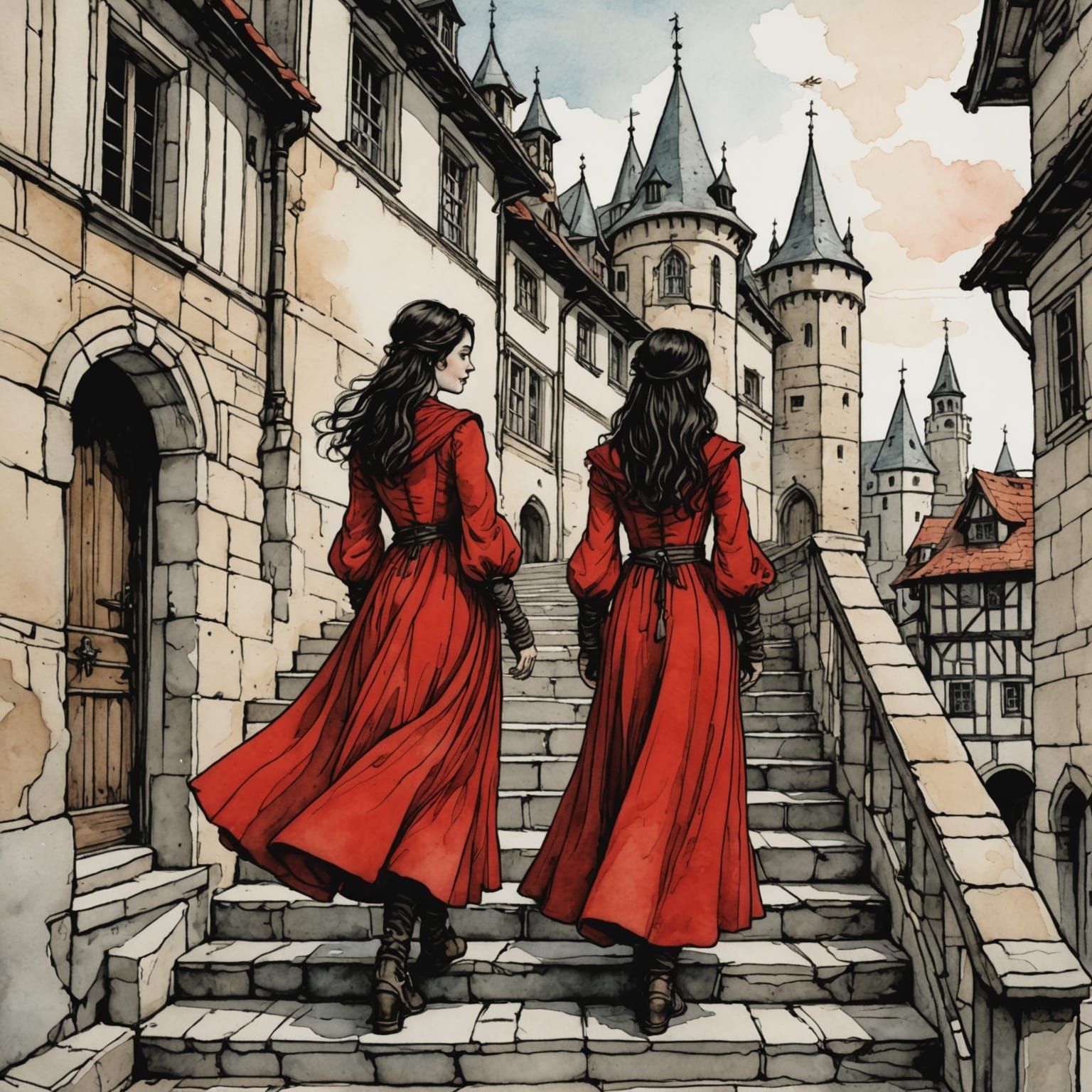 Medieval Women on Stairs: Storybook Illustration