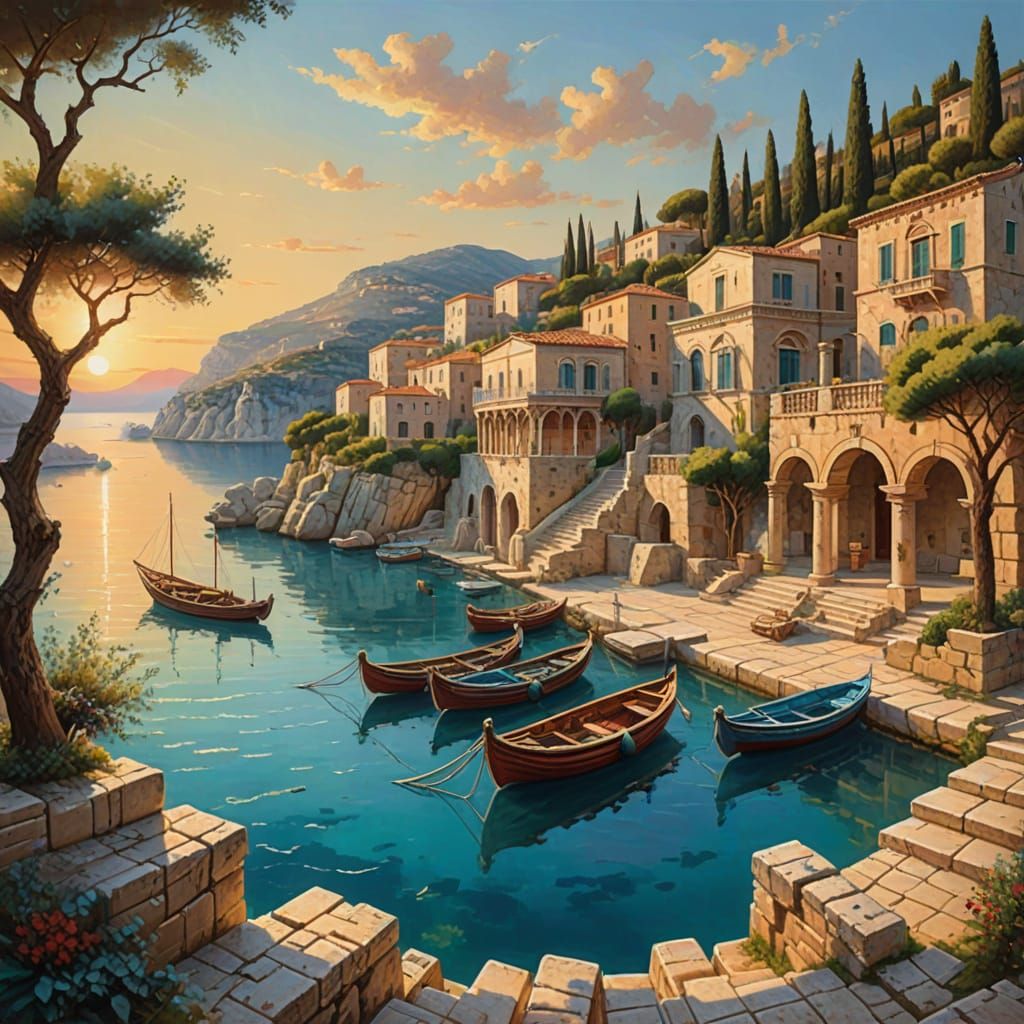 Ancient Mediterranean Harbor at Sunrise - Classical Painting