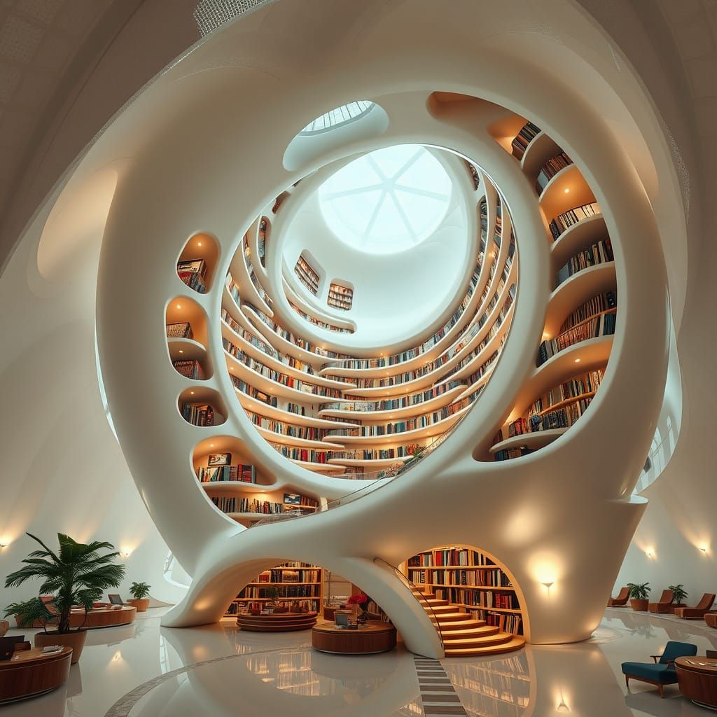 Surreal Futuristic Library with Organic Shapes