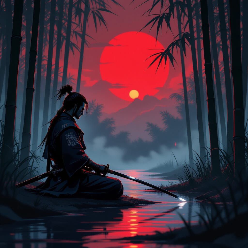 Samurai Meditating at Sunset in Dark Fantasy Style
