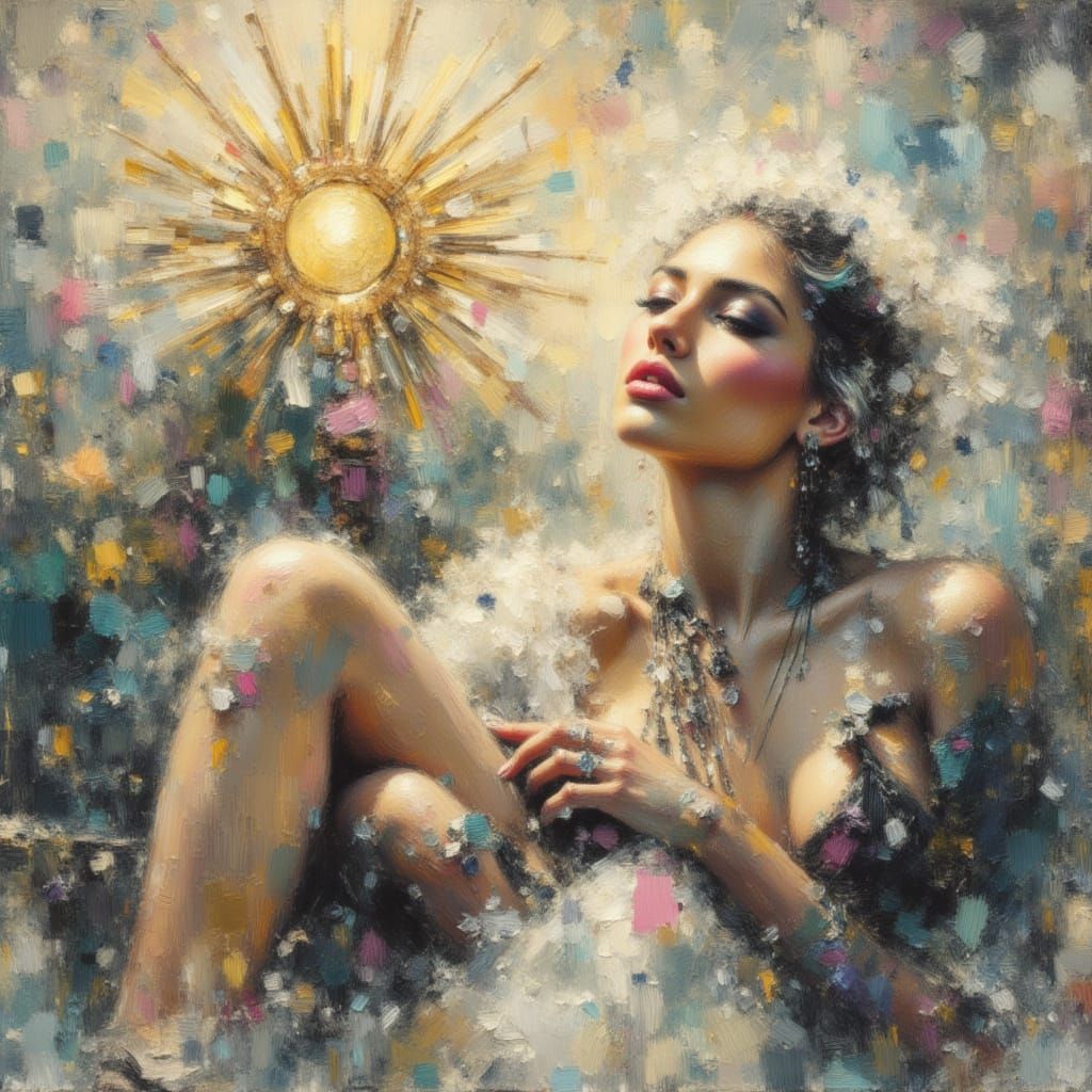 Woman in Soft Cityscape, Oil and Watercolour Grunge Style