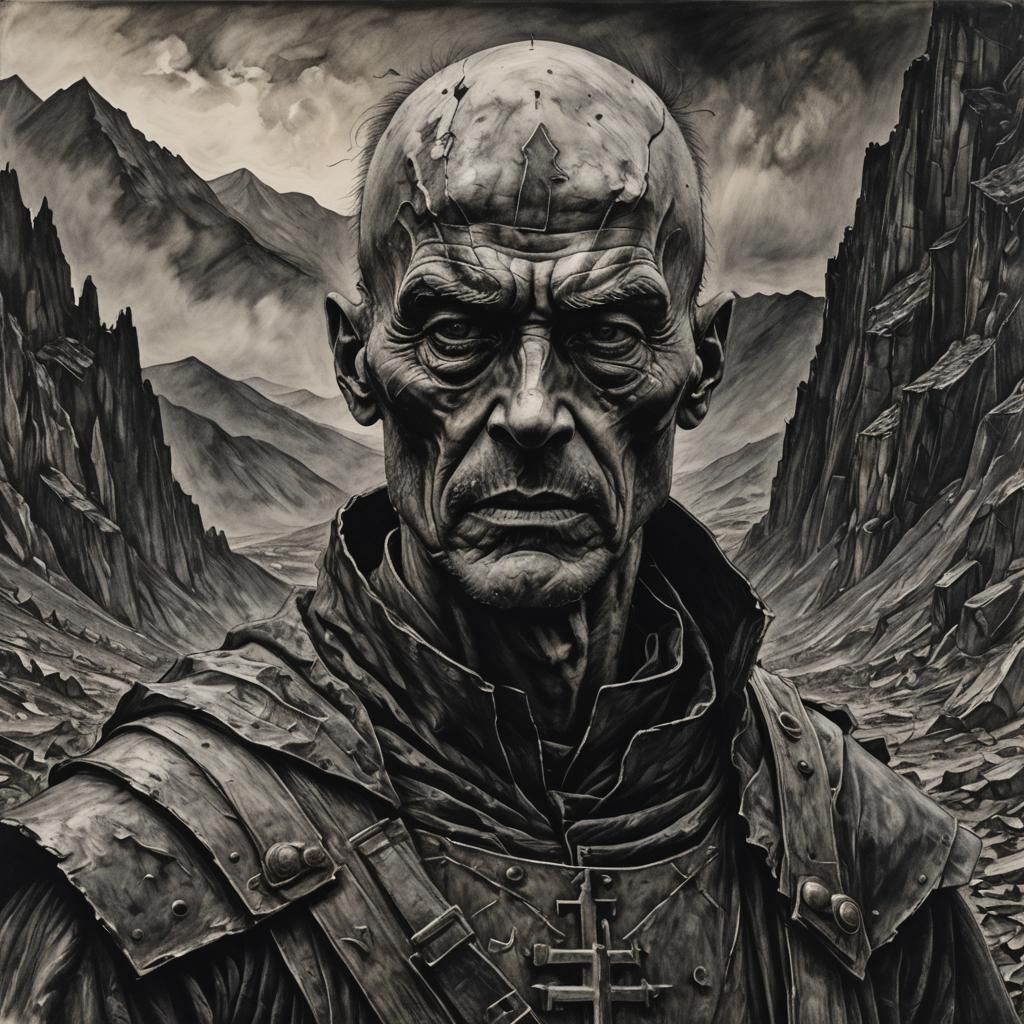 Dramatic Warlord Portrait in Charcoal Drawing Style