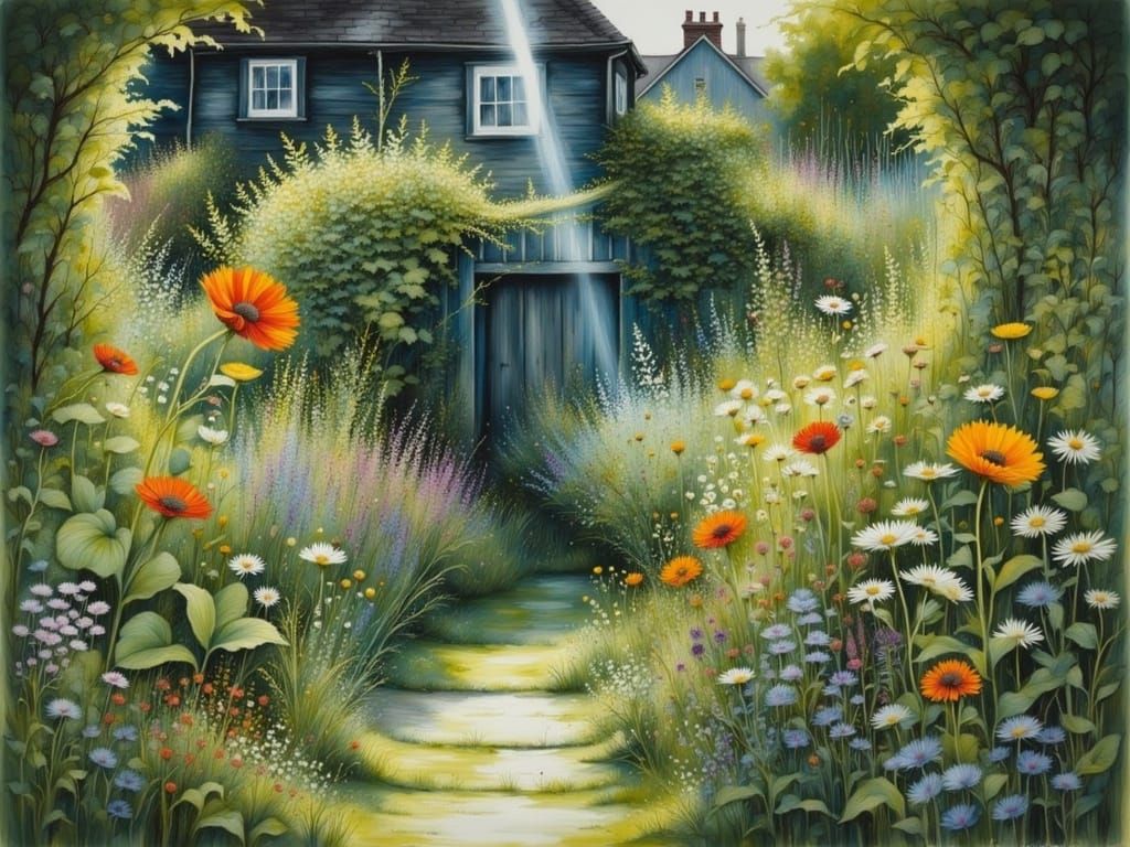 Sunlit Garden in Dark Backyard: Watercolor Painting