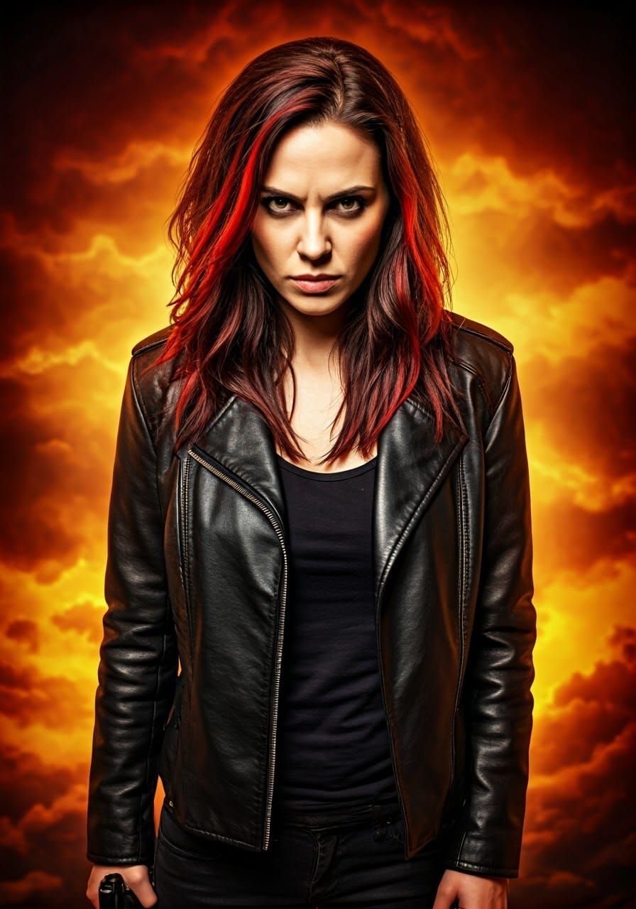 Photorealistic Portrait of a Fierce Woman Amidst Vibrant Clo...