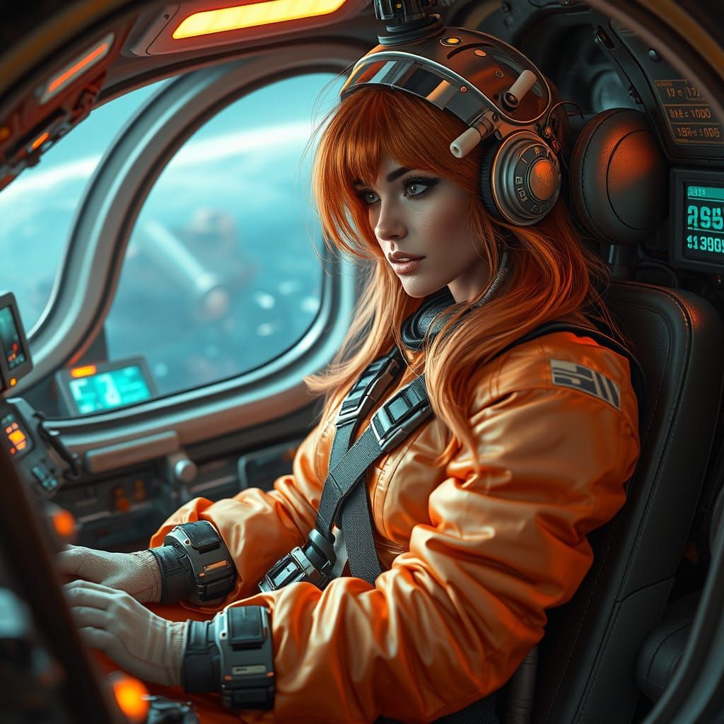 Retro Sci-Fi Woman in Cockpit: Hyperrealistic Concept Art