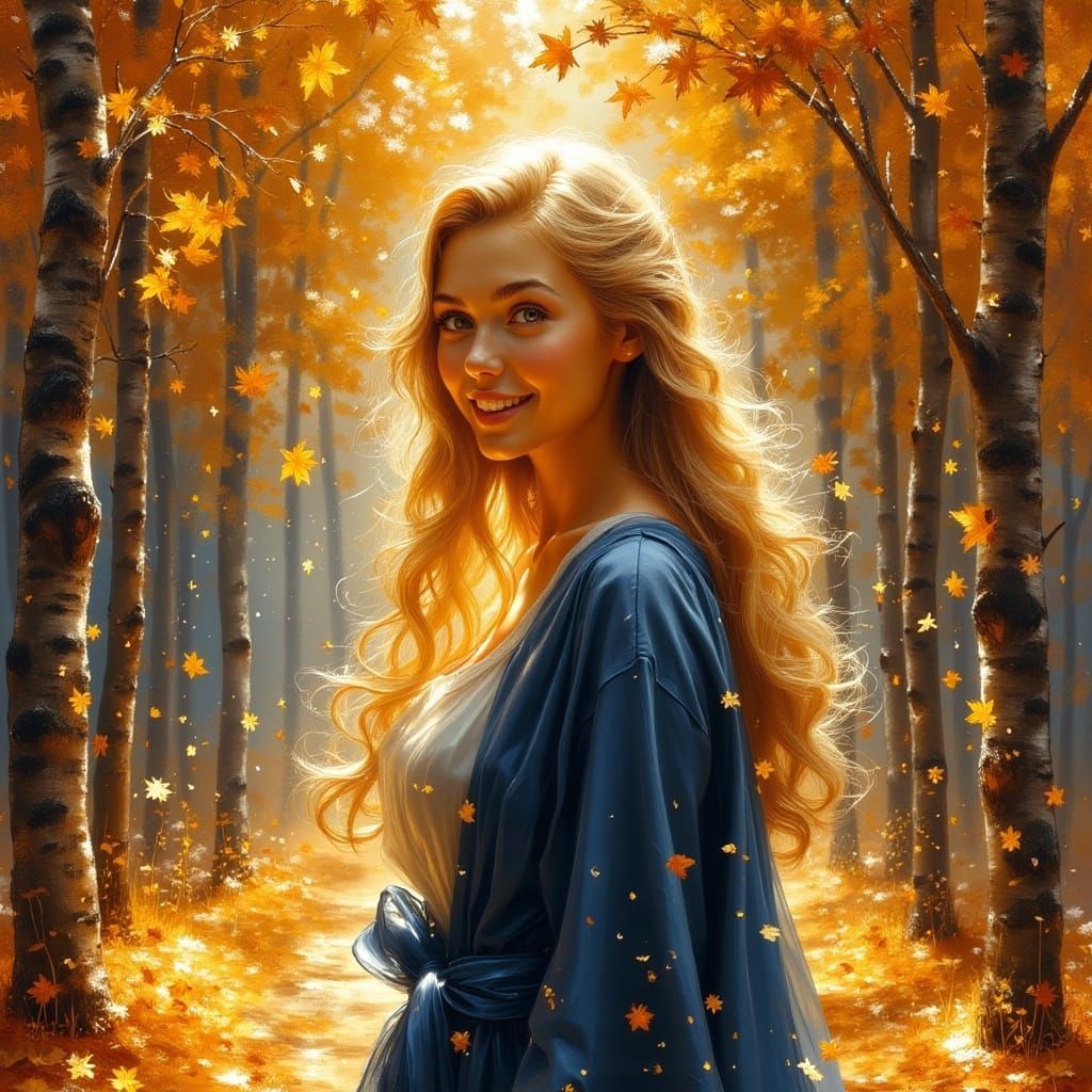 Elegant Woman in Blue Velvet Amidst Autumn Leaves