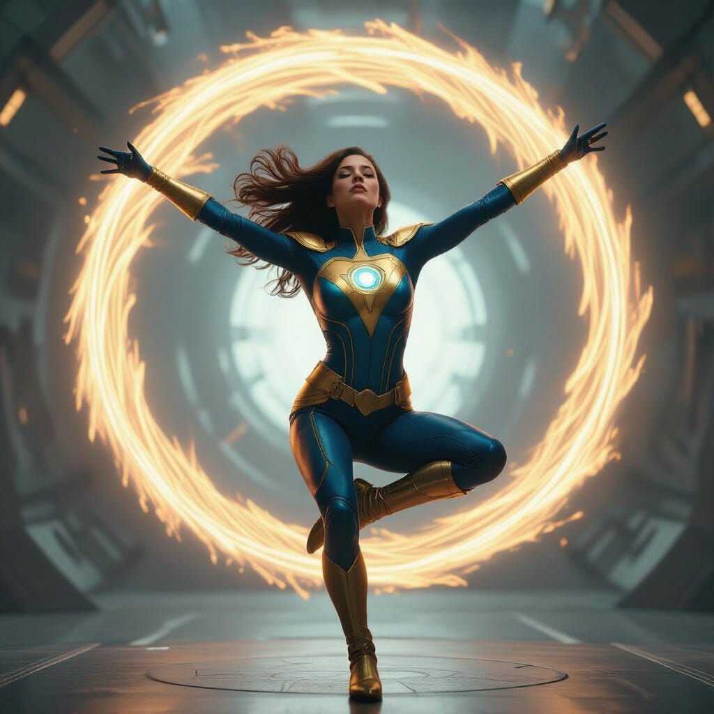 Female Superhero Spins Hypnotically in Future Base