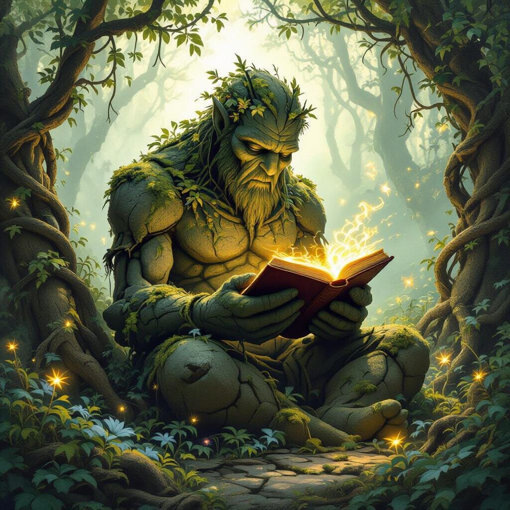 Moss Golem Reading Magic Tome in Forest