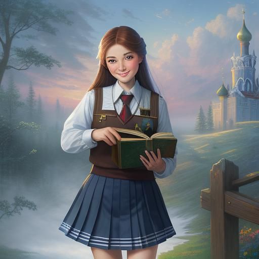 Russian schoolgirl in school uniform, smiling