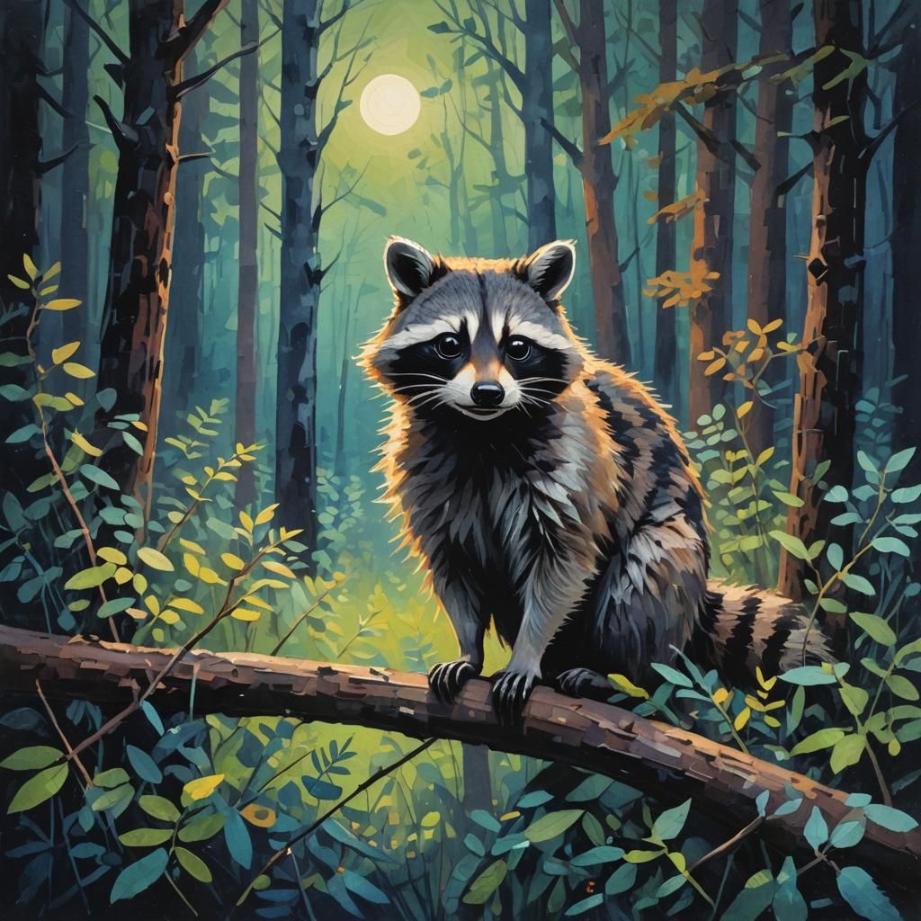 Raccoon Explores Moonlit Forest as Gouache Painting