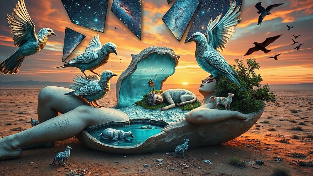 Mystical Sculpture Oasis in Barren Landscape