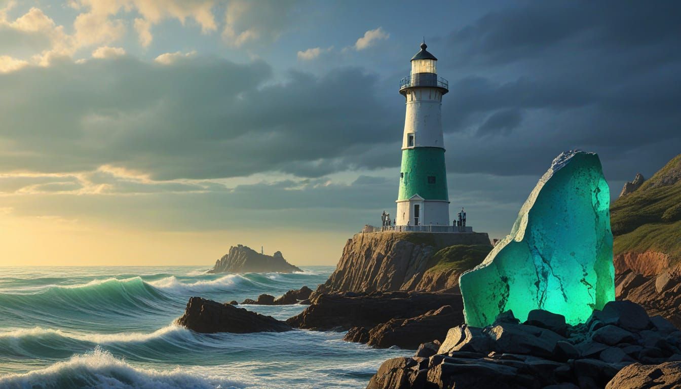 Art Deco Lighthouse of Emerald and Cobalt Sea Glass