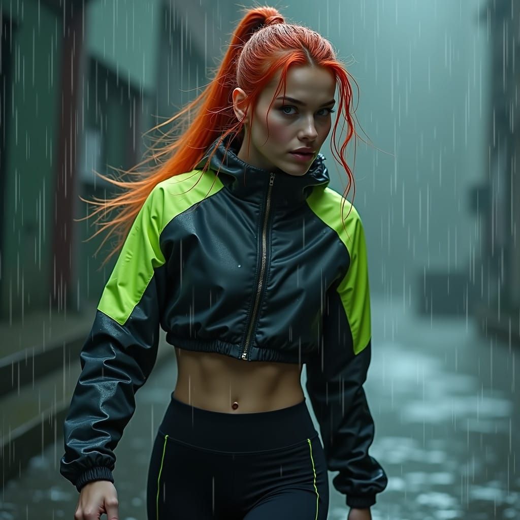 Sporty Redhead Empowered in Rainy Storm