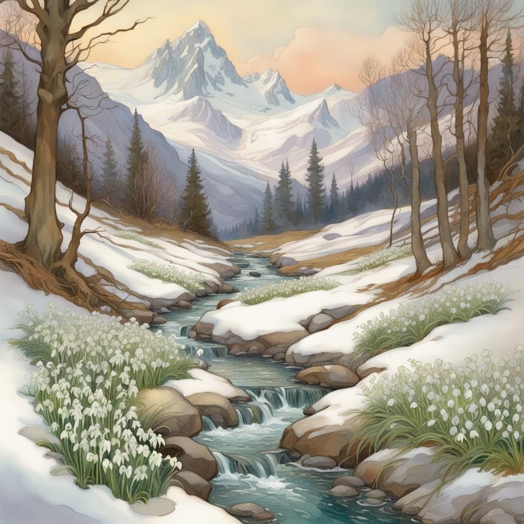 Snowdrop Creek in Snowy Mountains: Art Nouveau Pastel