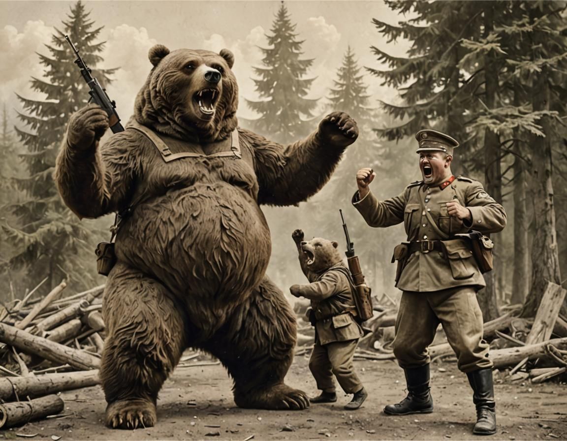 Soldier's Stand-off with a Giant Happy Bear