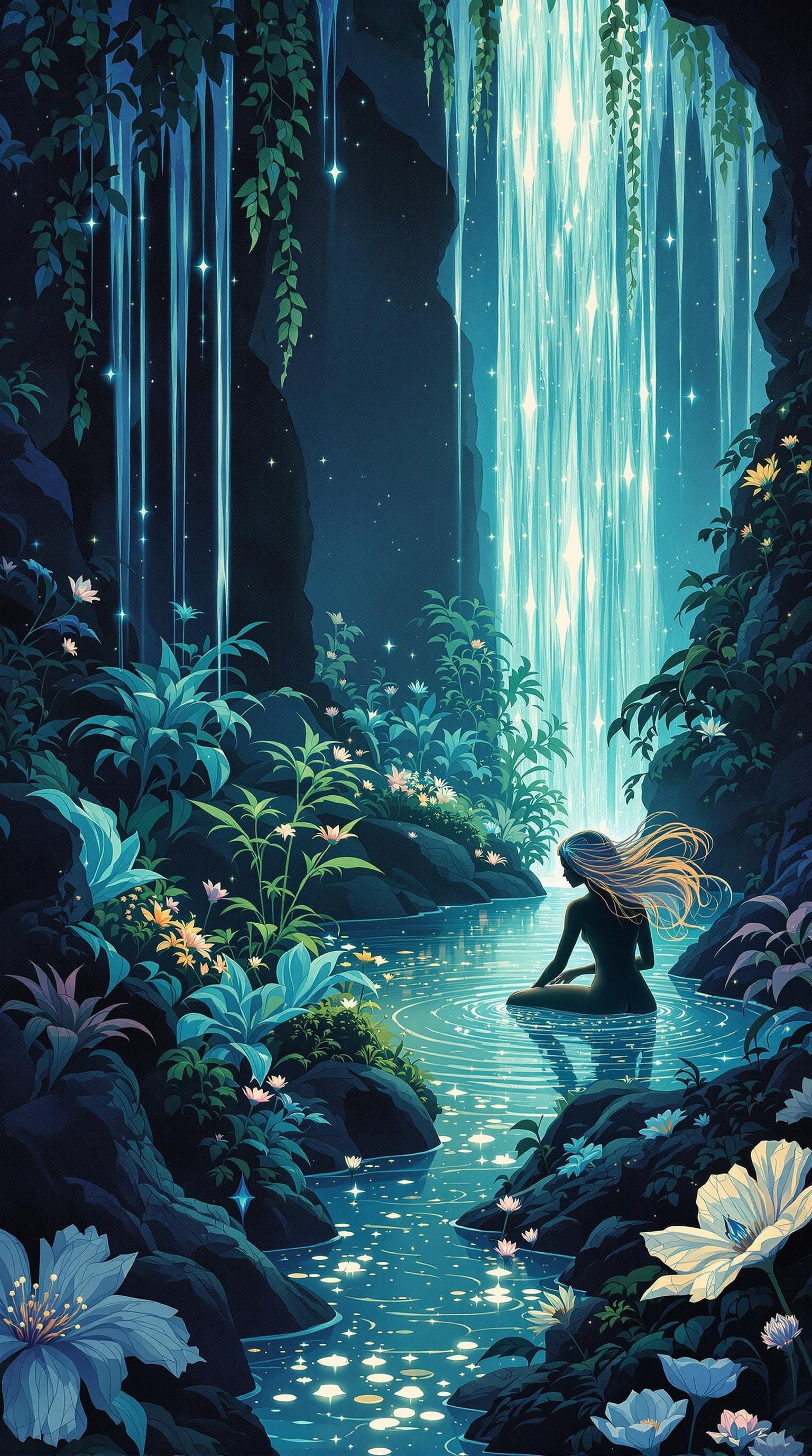 Bioluminescent Grotto with Water Nymph in Art Nouveau Style