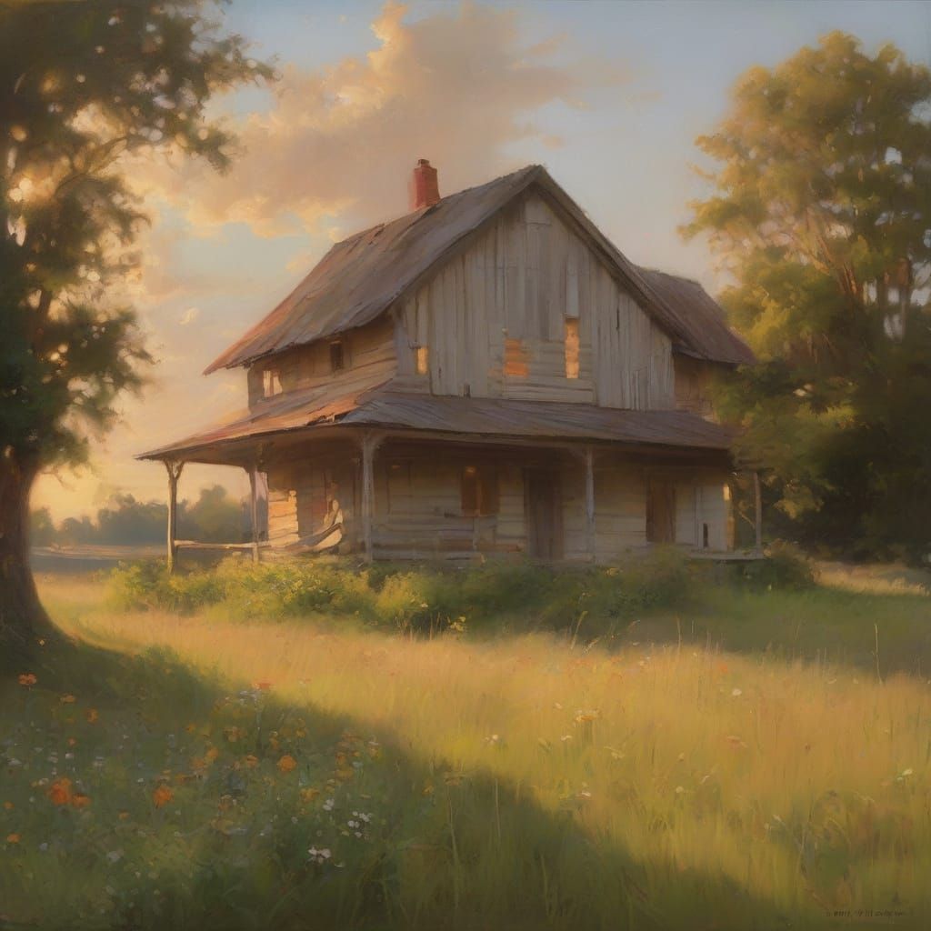 Farmhouse in Meadow: Golden Hour Oil Painting