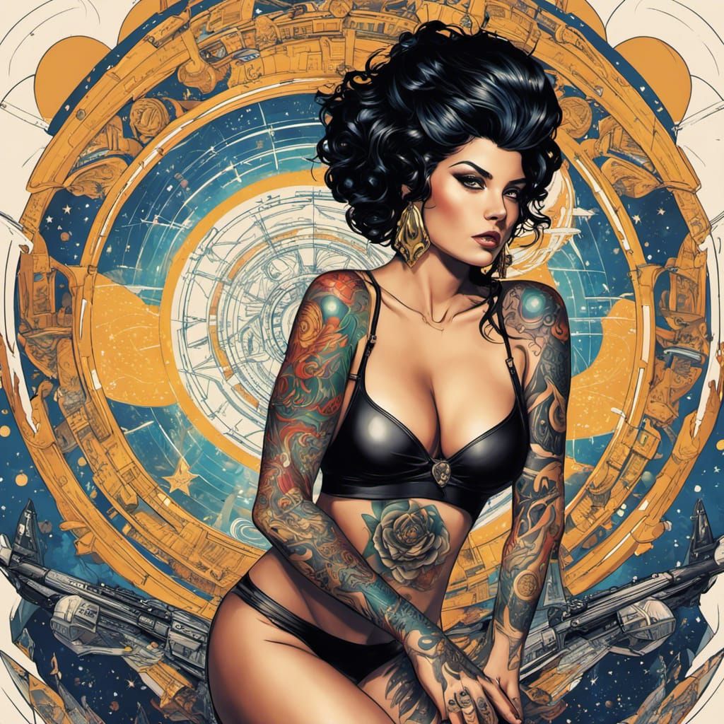 Tattooed Woman in Star Trek Uniform with Lightsaber