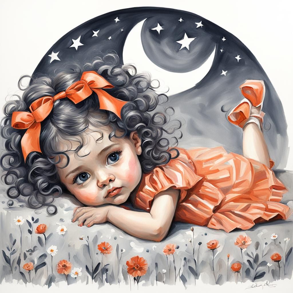Whimsical Painting of a Curly-Haired Girl on Moon Bed