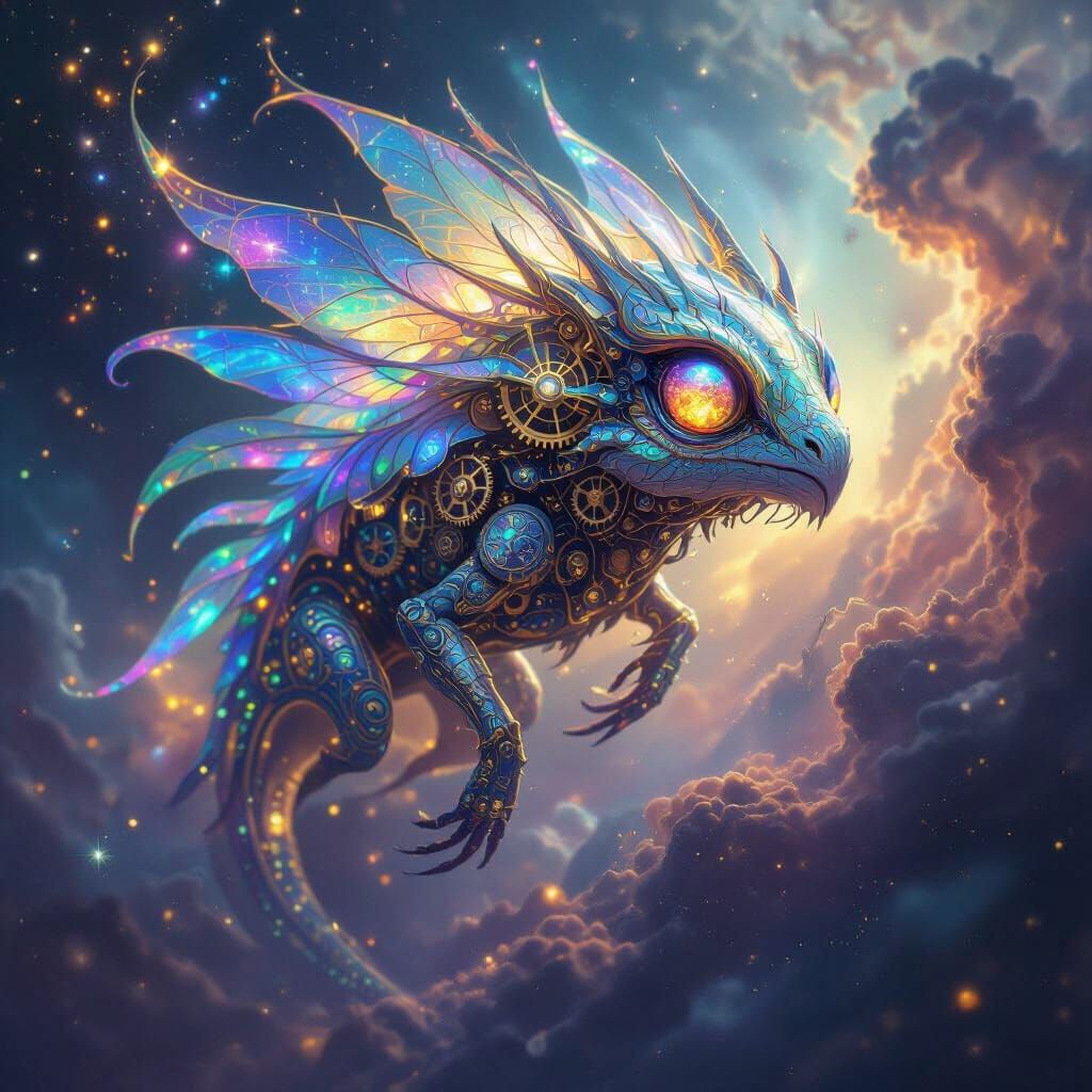 Fantastical Clockwork Creature in Cosmic Nebula