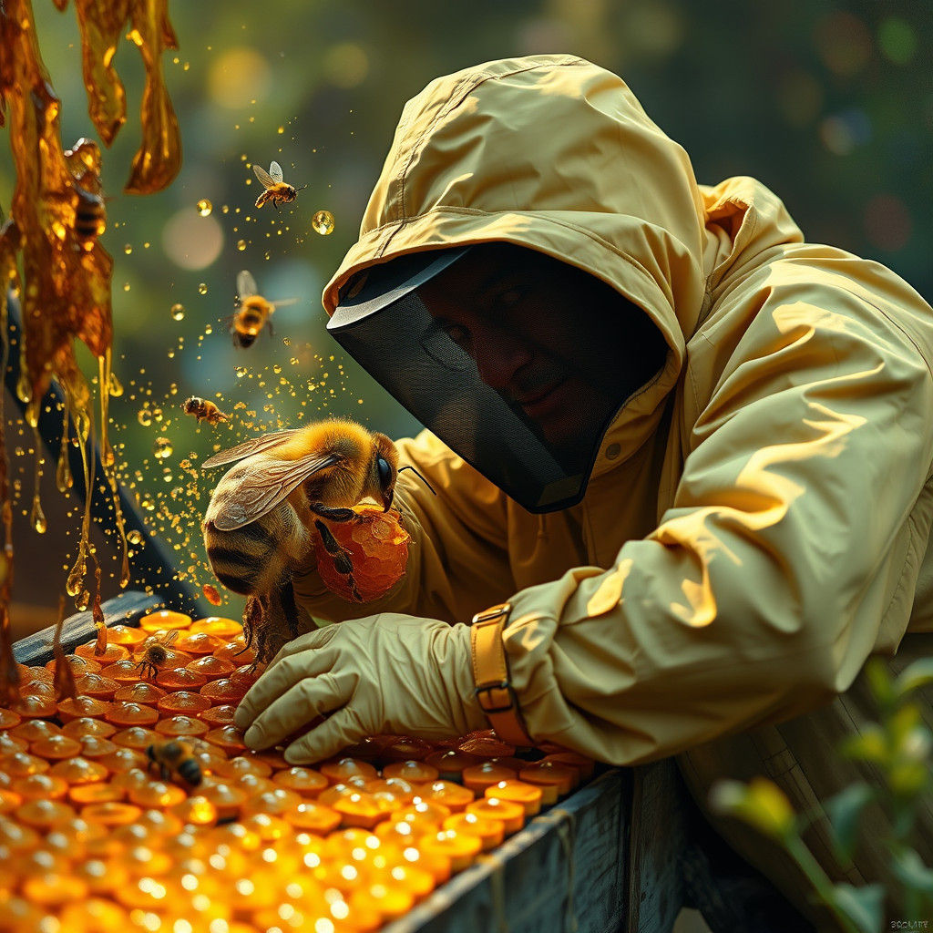 Beekeeper Harvesting Honey in Hyperrealistic Style