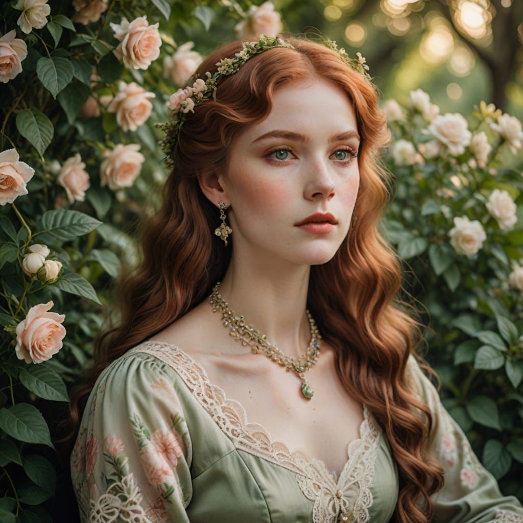 Ethereal Victorian Beauty with Floral Dress and Lush Greener...