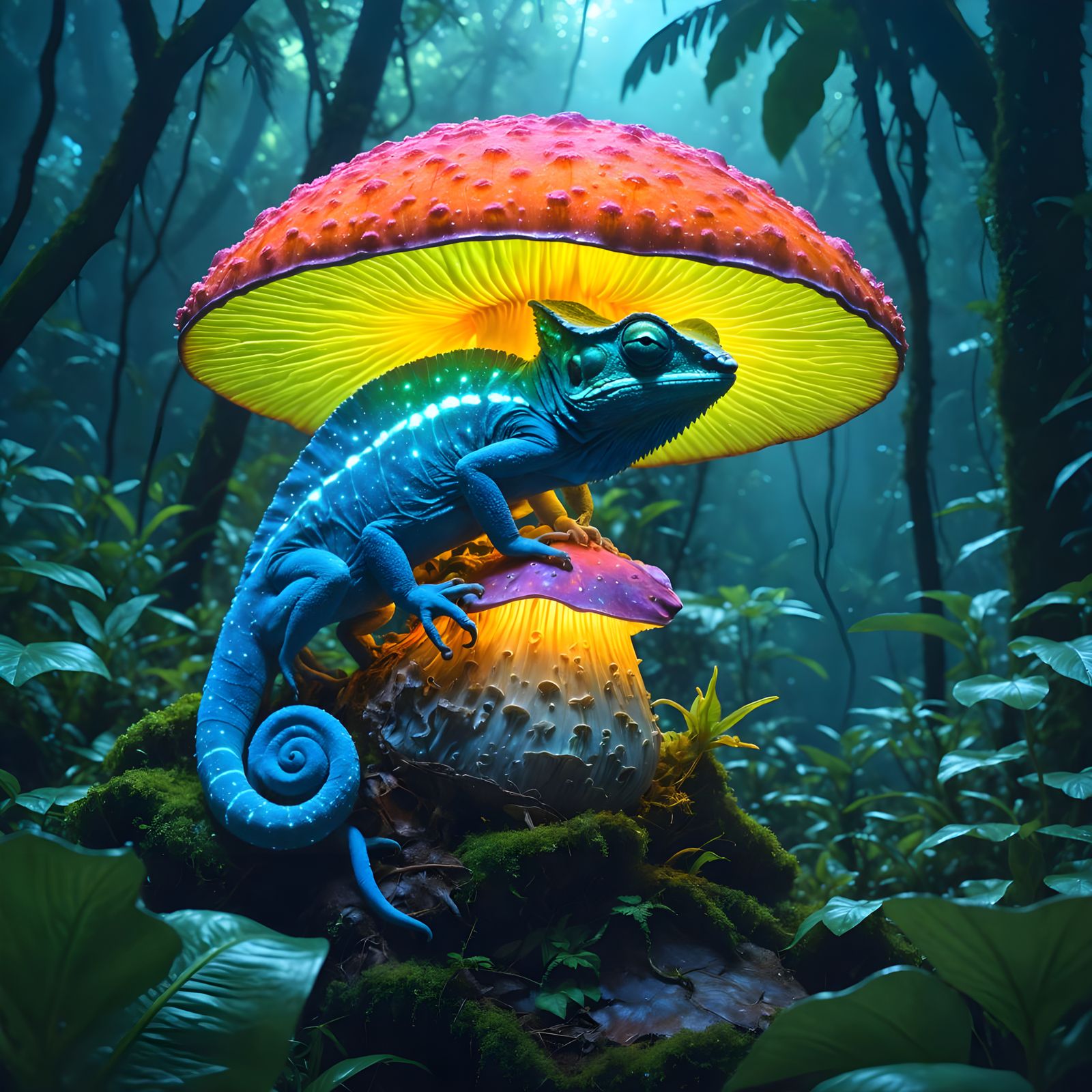 Bioluminescent Chameleon Party in Alien Jungle, Hyperdetaile...