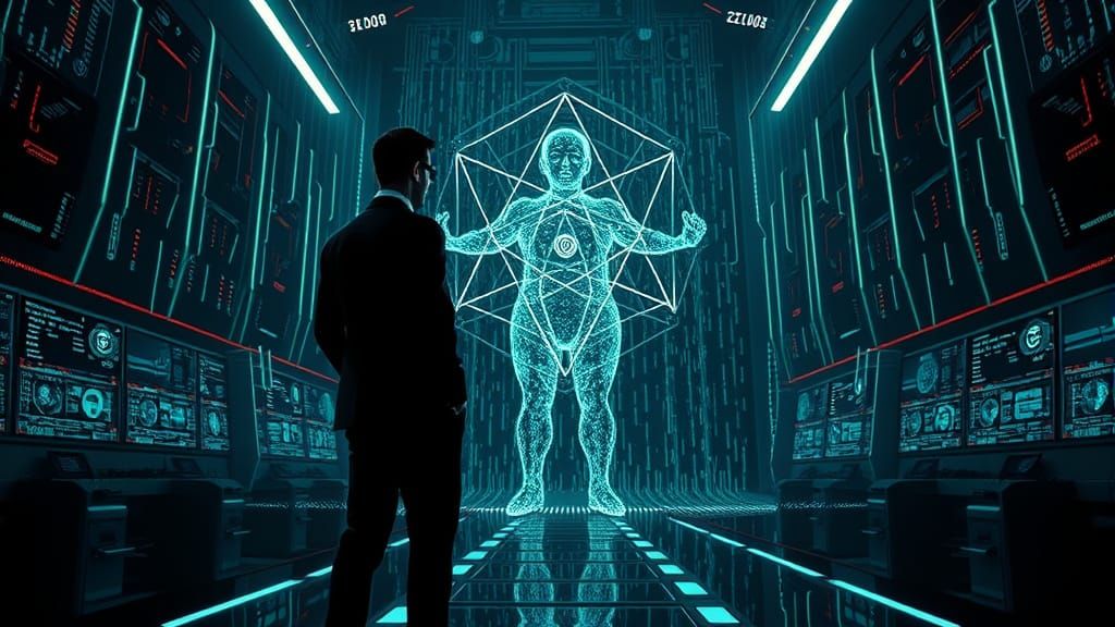 Men in Black Agent in Cyber-Noir Control Room