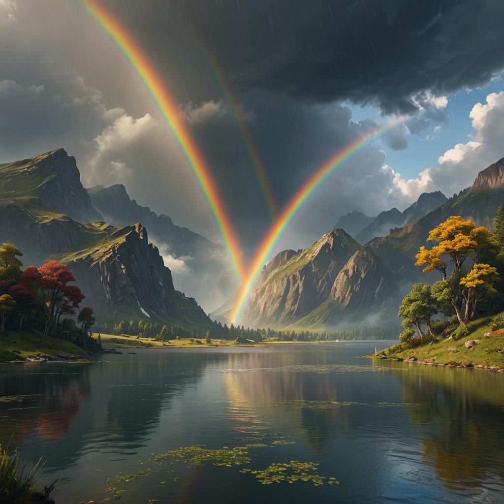 Rainbow Over Lake: Detailed Matte Painting