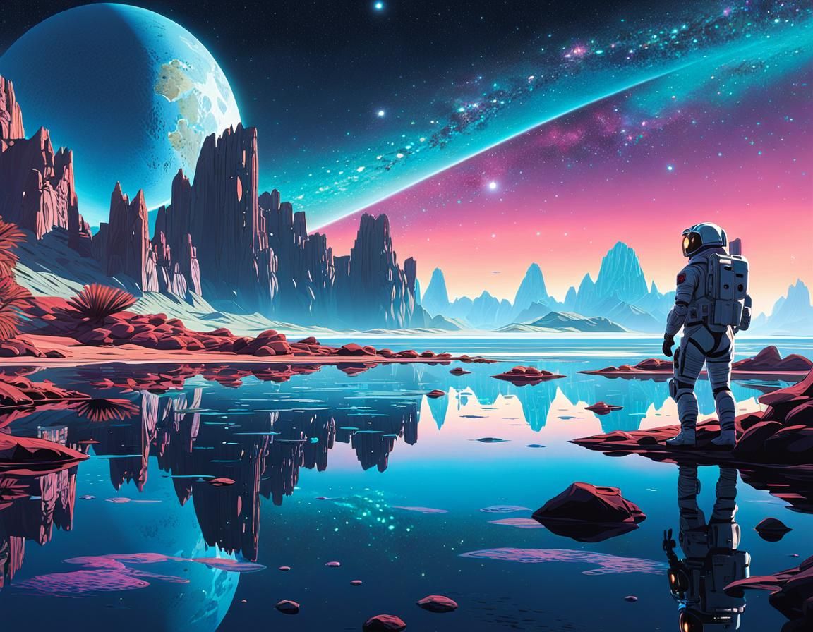 Astronaut Observes Bioluminescent Lagoon in Sci-Fi Vista