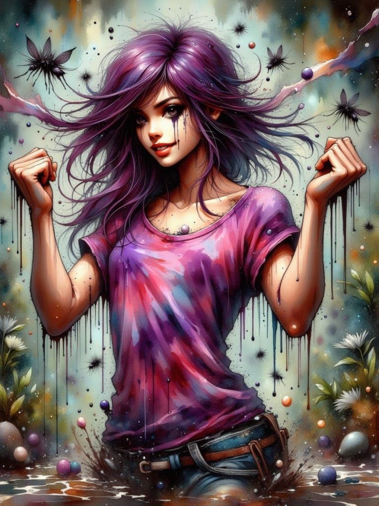 Muscular Woman Flexing in Summer Heat with Mosquitoes