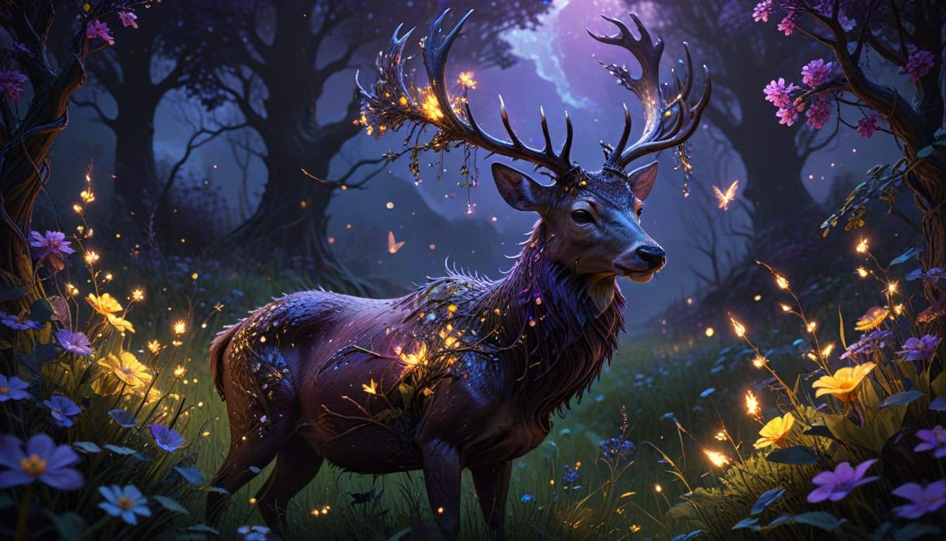 Floral Deer in Dark Meadow: Fantasy Concept Art