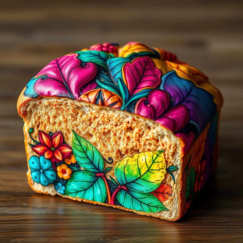 Vibrant Botanical Street Art Canvas on Crusty Bread