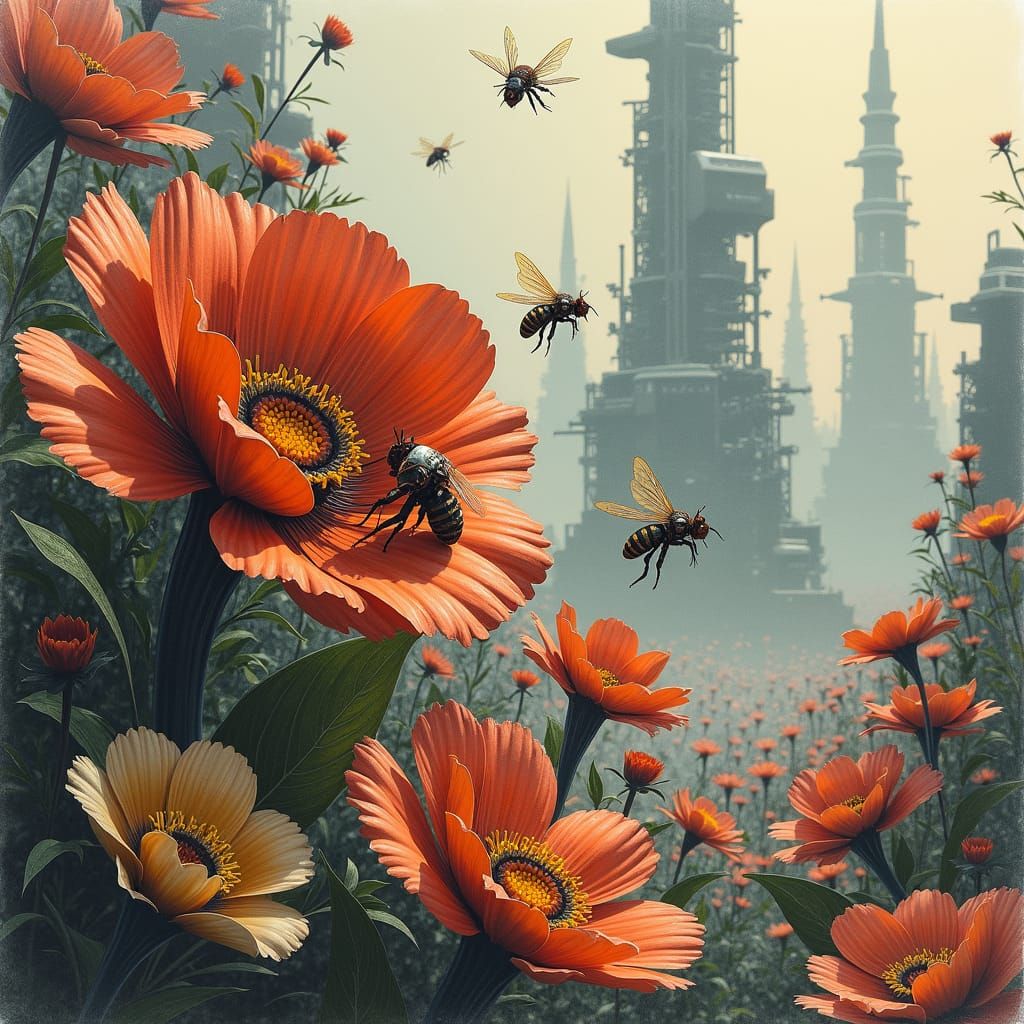 Robotic Nature in Hyperdetailed Charcoal Drawing