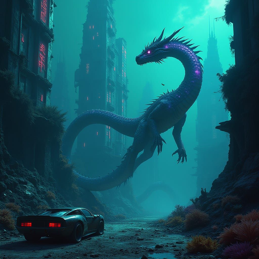 Bioluminescent Dragon in Sunken City Ruins