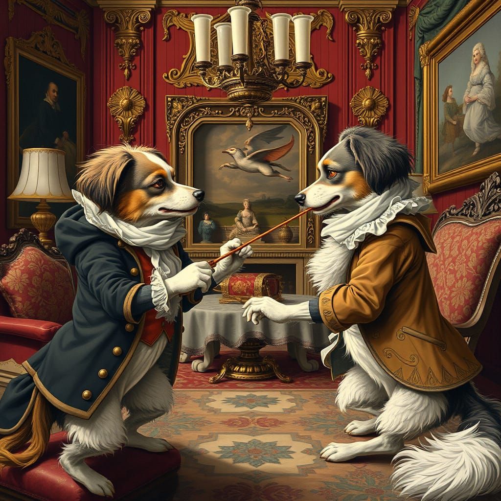 Dogs in Elegant 18th Century Attire Engage in Whimsical Fenc...