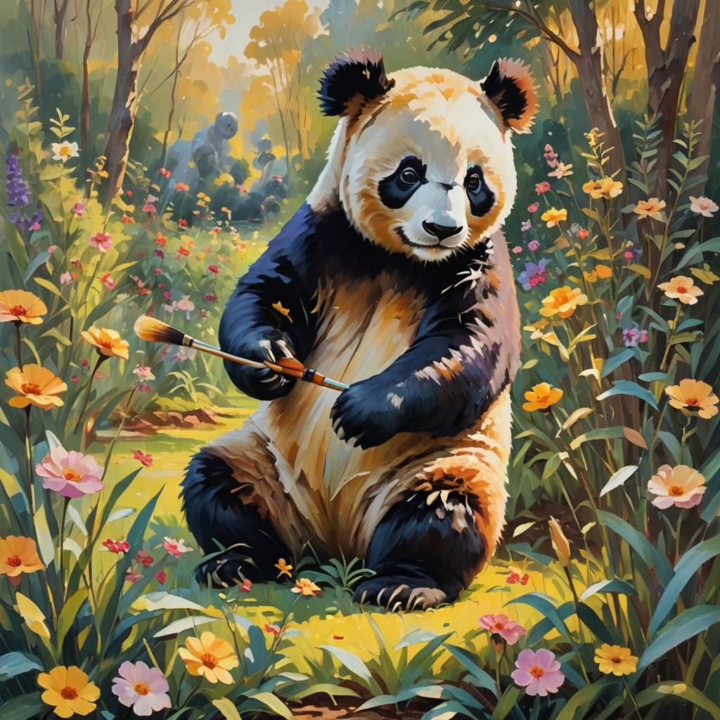 Panda Paints Koala in Impressionist Flower Garden