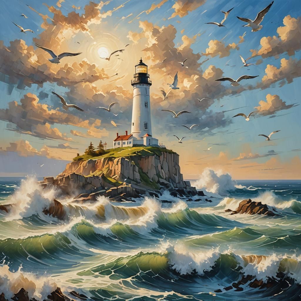 Majestic Lighthouse Seascape in Impressionist Style