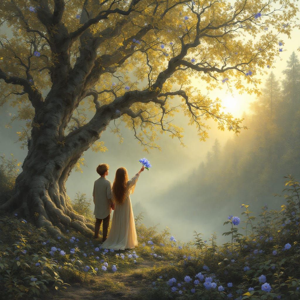 Children's Farewell in Misty Forest, Dreamlike Style