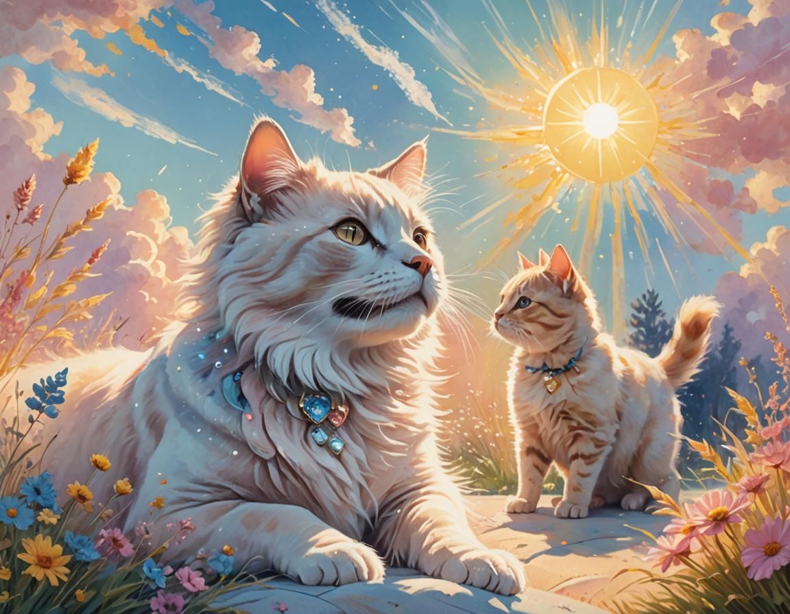 Colorful Pastel Illustration of Cat and Dog