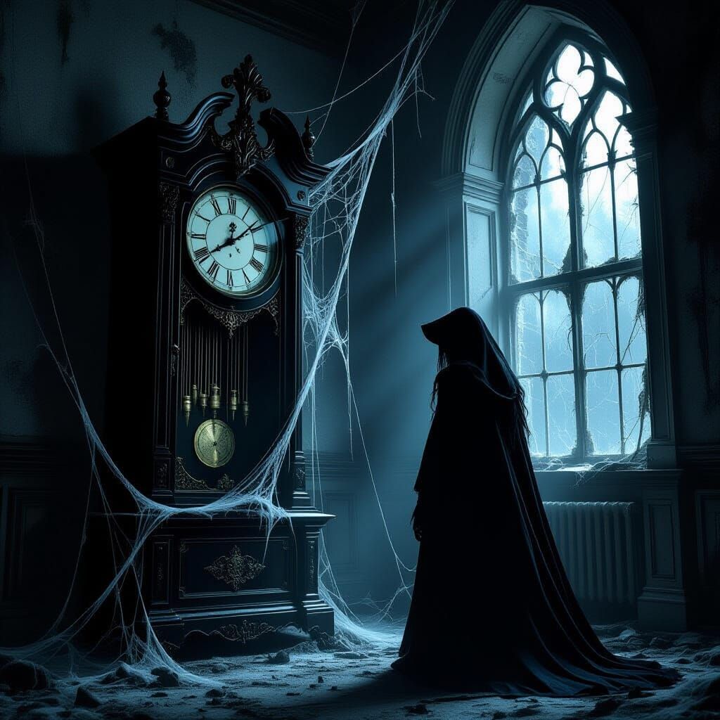 Witch Before Grandfather Clock in Decaying Manor