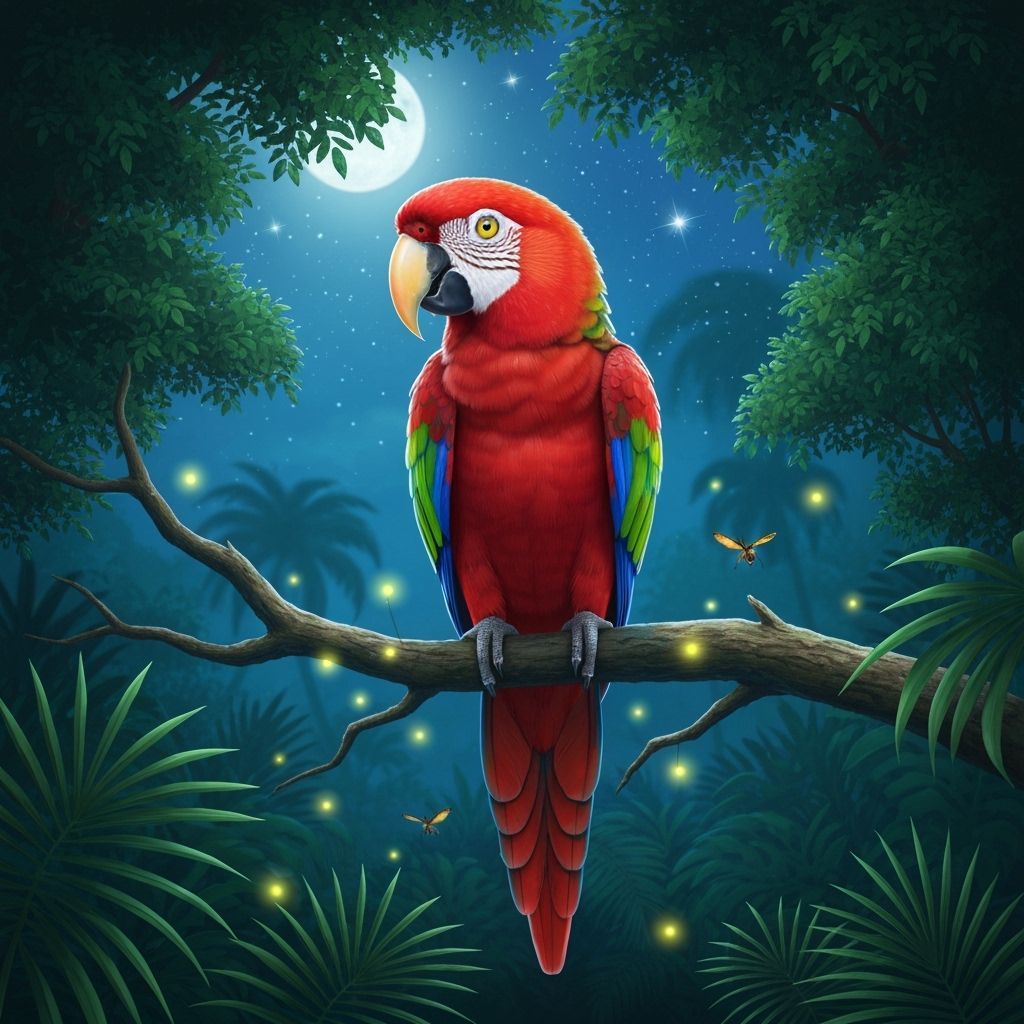 Iridescent Parrot in Dreamy Jungle Night