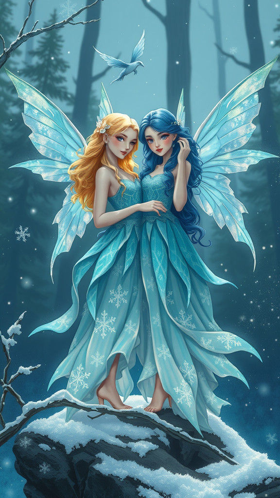 Twin Fairy Sisters with Dragon in Winter