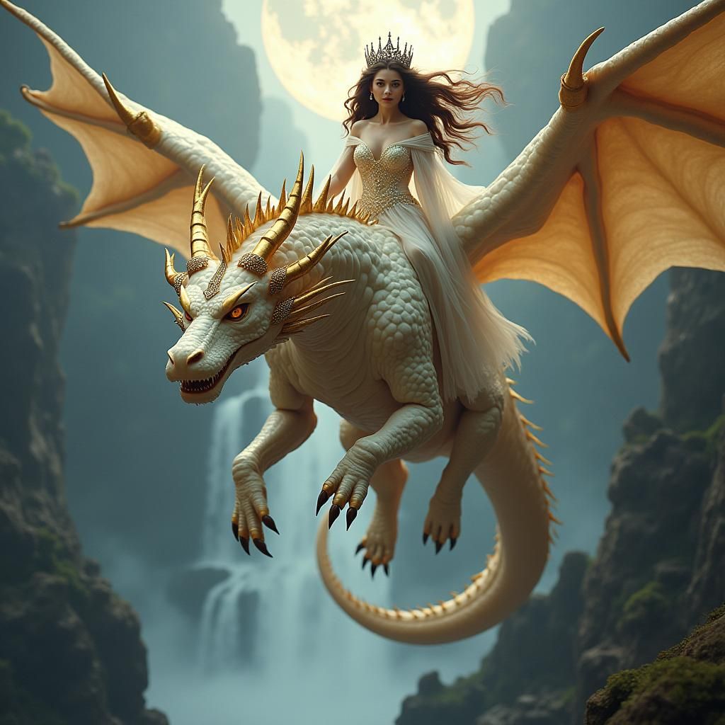 Brunette Queen Riding Dragon in Ethereal Landscape