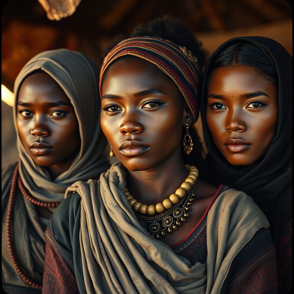 Strong Women in Earthy Attire against a Golden Hour Backdrop