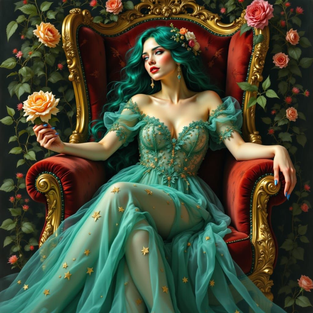 Ethereal Woman with Emerald Hair in Art Nouveau Style
