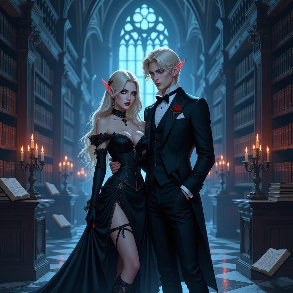 Eerie Romance: Vampire and Elf in Decaying Library