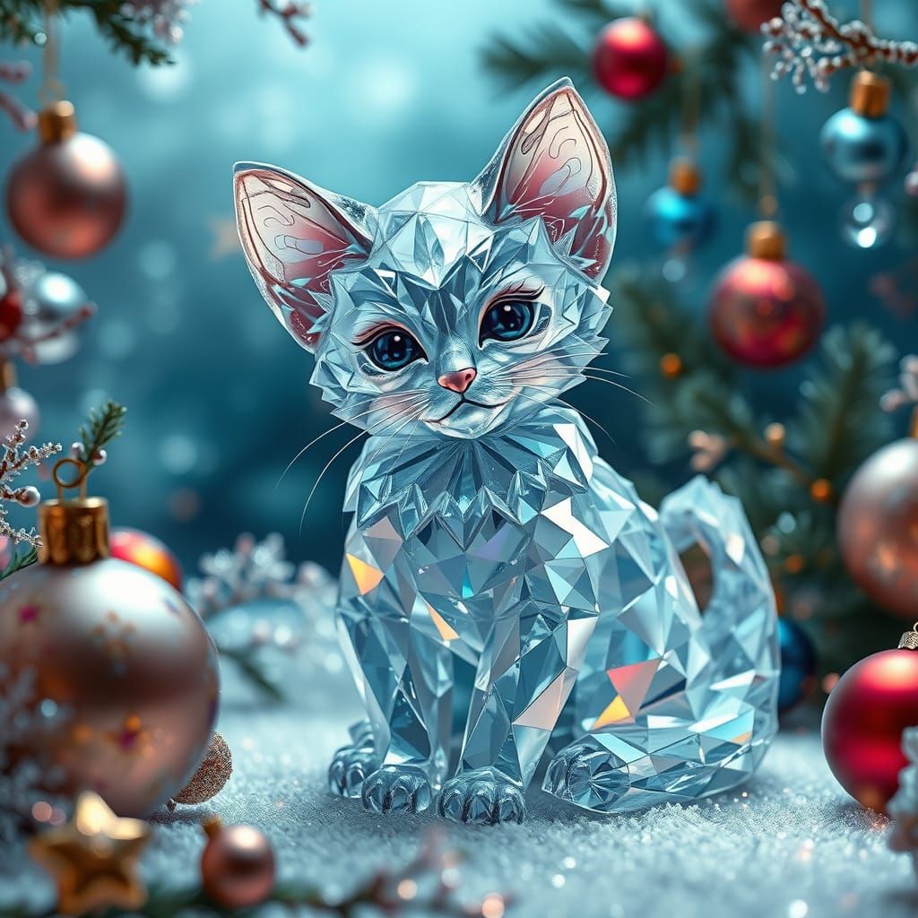 Crystal Kitten in Whimsical Christmas Scene