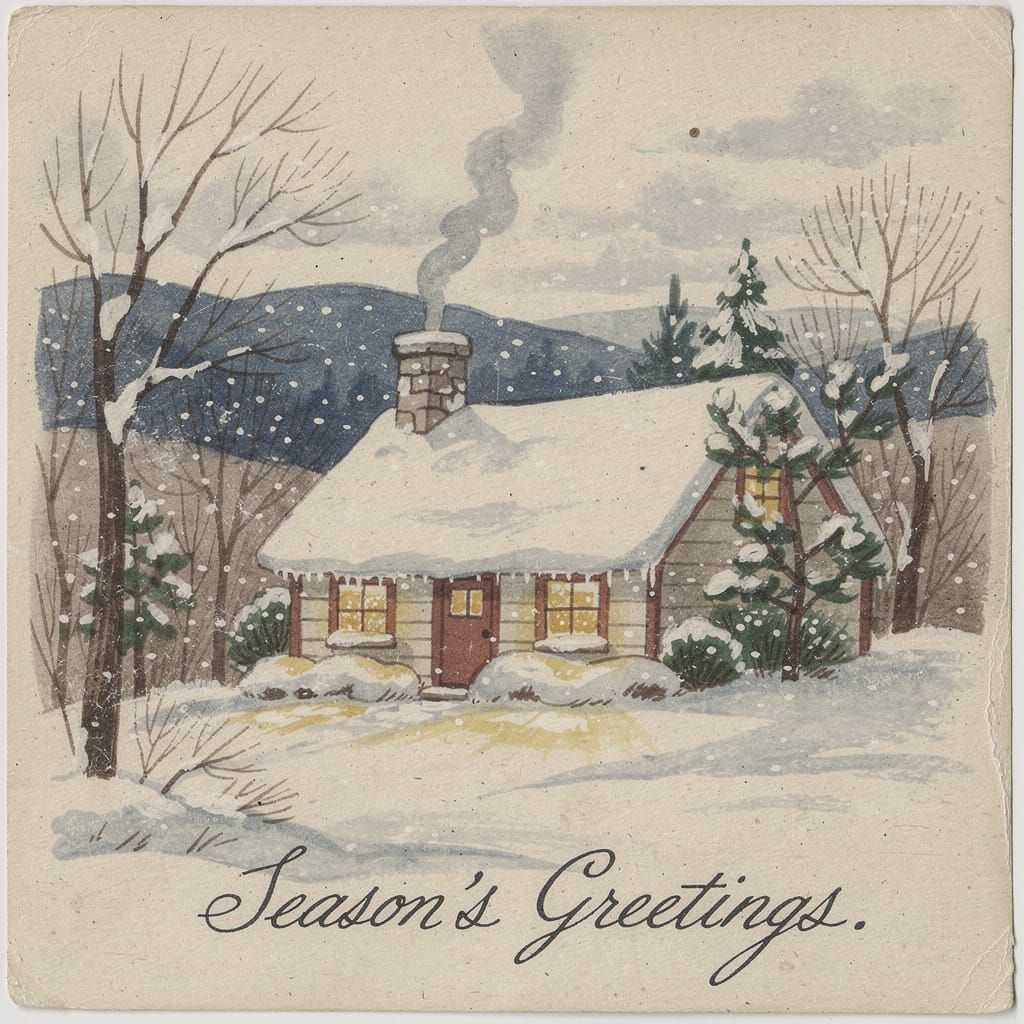 Cozy Winter Cottage Vintage Holiday Card
